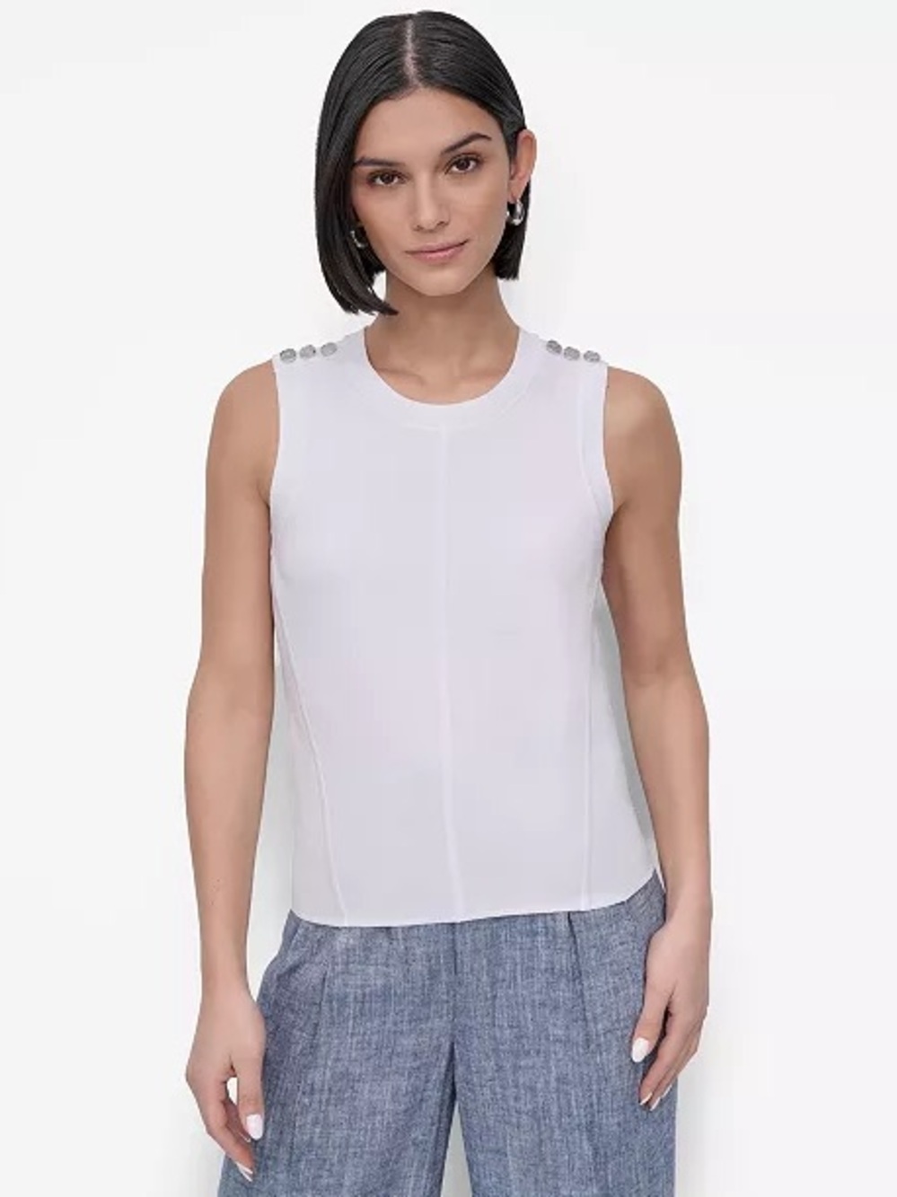 DKNY White Sleeveless Crewneck Tank with Shoulder Buttons Size PXS